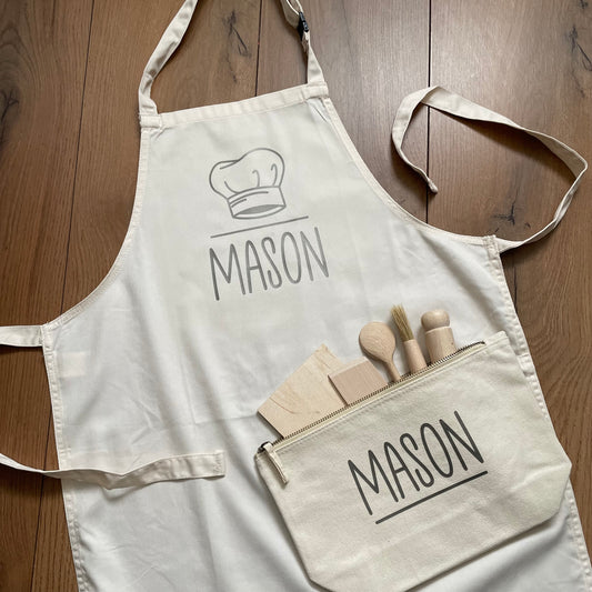 Child’s personalised apron with baking set and personalised bag